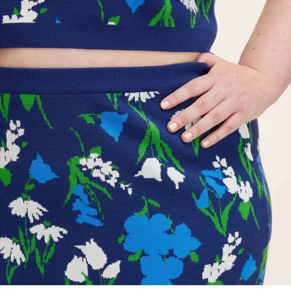 Kate Spade x Target Mixed Floral Sweater Knit‎ Midi Skirt Blue Green Size XXL